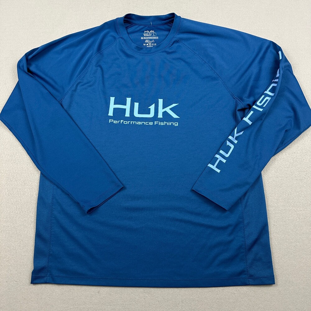 Huk Shirt Men Large Blue Solid Long Sleeve Fishing Top Pullover Crewneck L